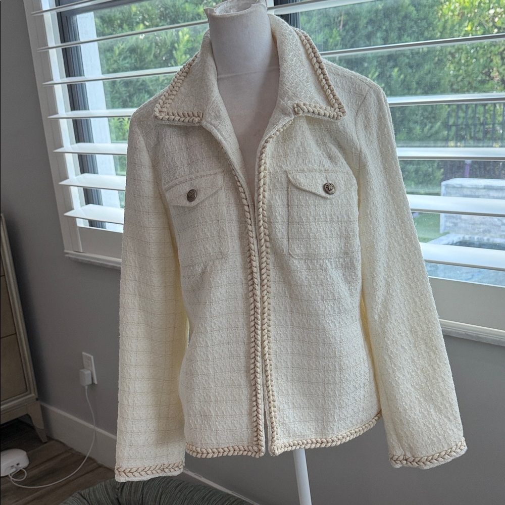 Chico's Cream Blazer with Tan Trim Jacket, size 1 (medium 8-10)
